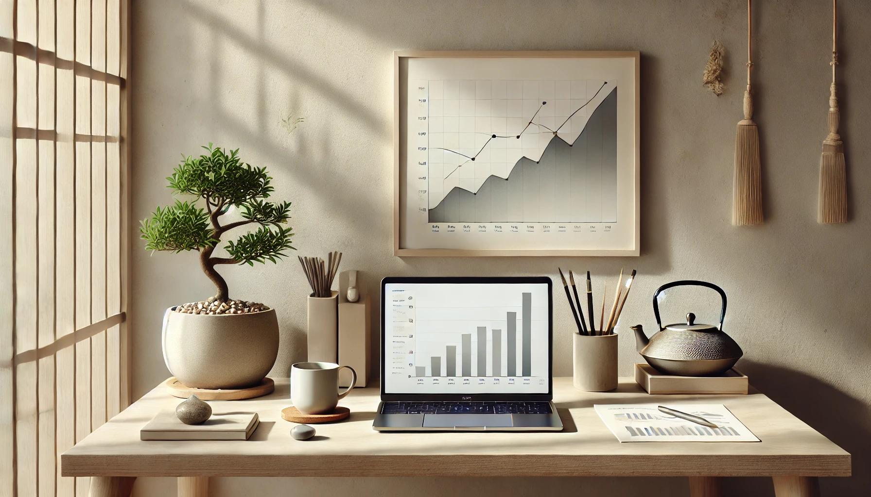 A_serene_workspace_zen_inspired Zen-inspired workspace with a laptop, financial charts, and a bonsai plant in soft natural lighting.